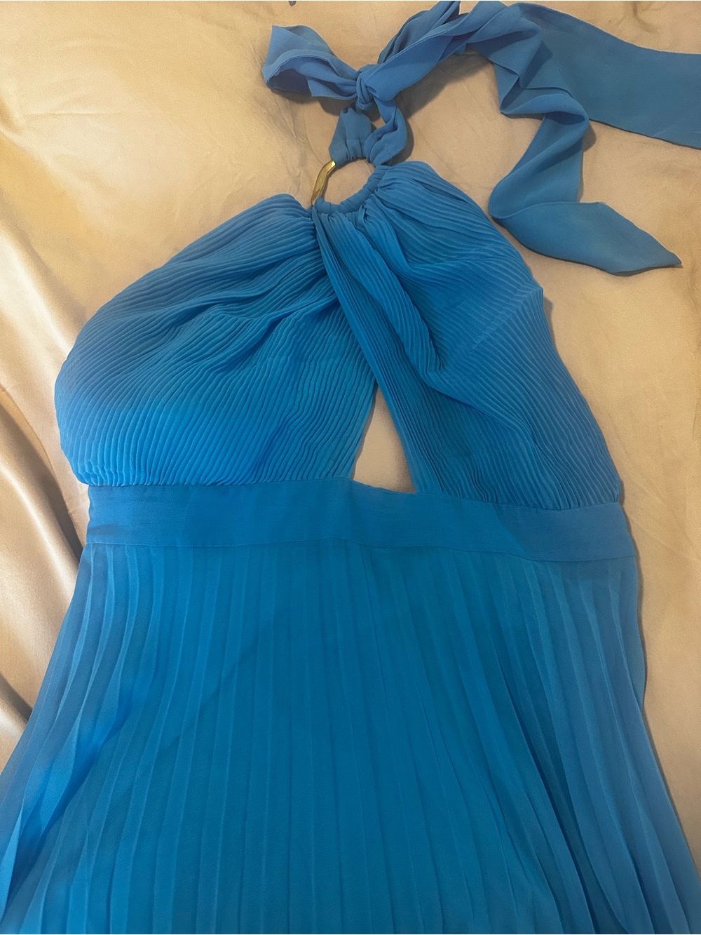 Zara Blue Halter Backless Pleated Maxi Dress